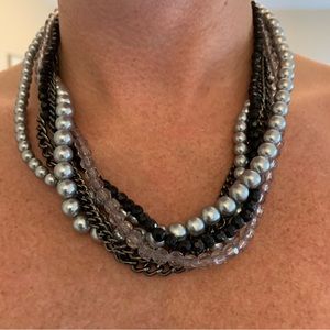 Premier Designs Gunmetal Twisted Multi Strand Crystal and Pearl Necklace - 18”